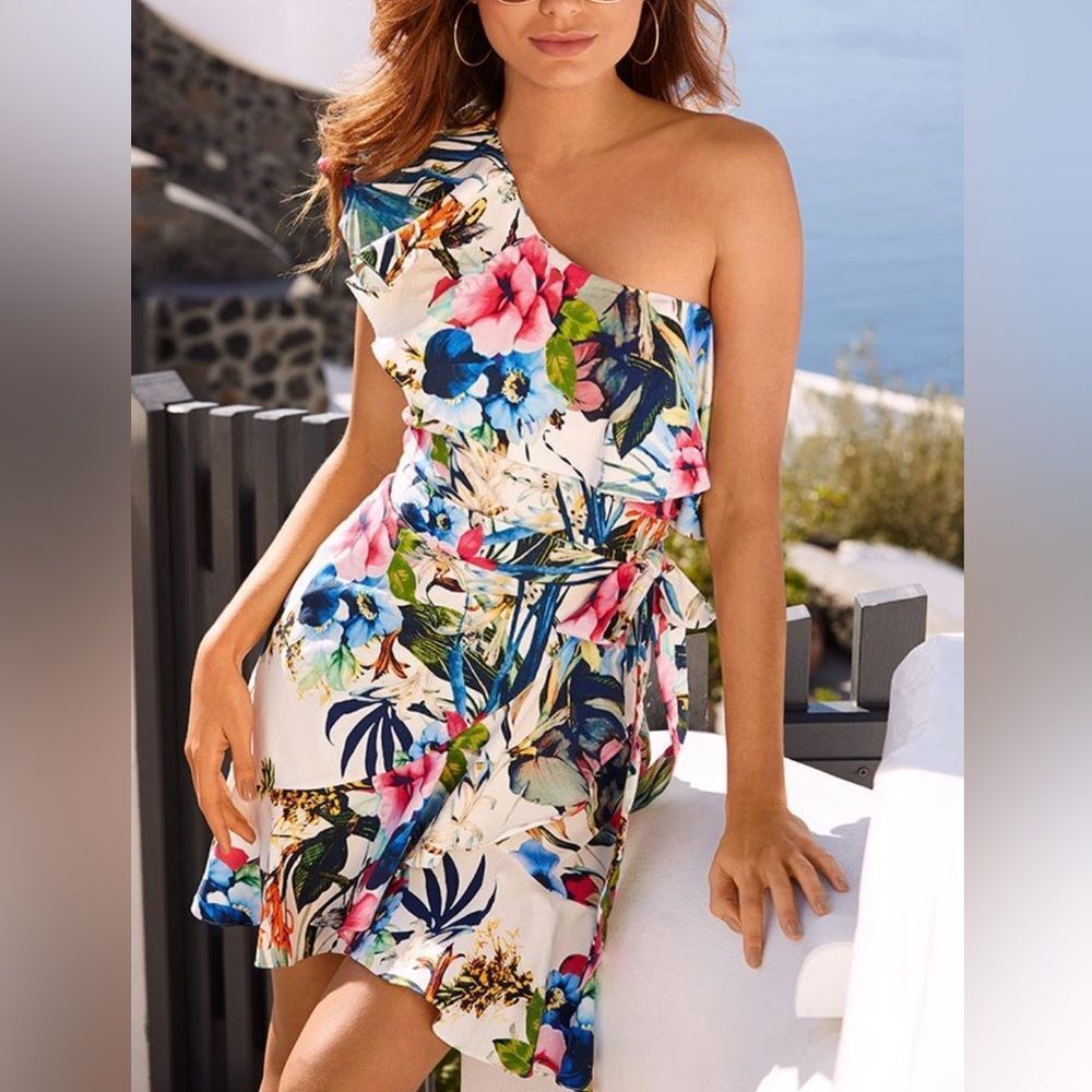 New Boston Proper Vibrant Floral One-Shoulder Dress